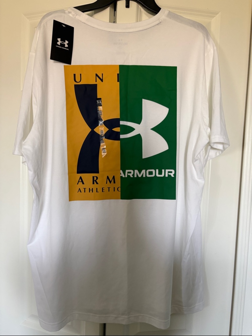 Under Armour White Short Sleeve Tee with Green & Yellow Logos - Picture 7 of 10